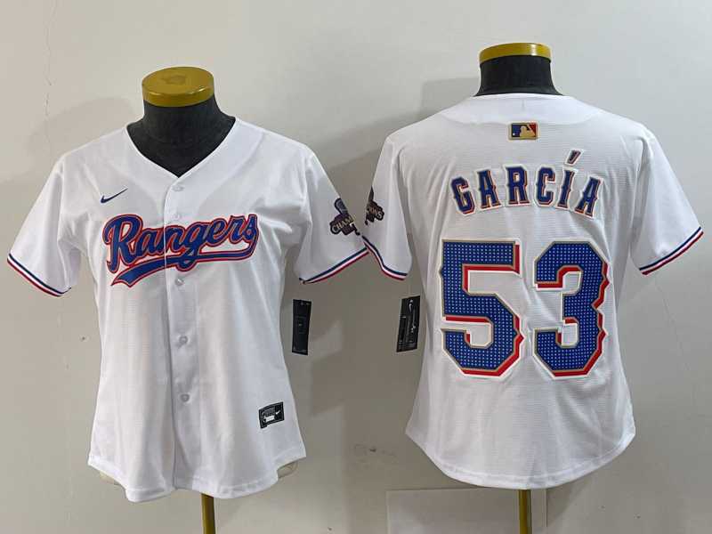 Womens Texas Rangers #53 Adolis Garcia White 2024 Gold Collection Limited Cool Base Jersey